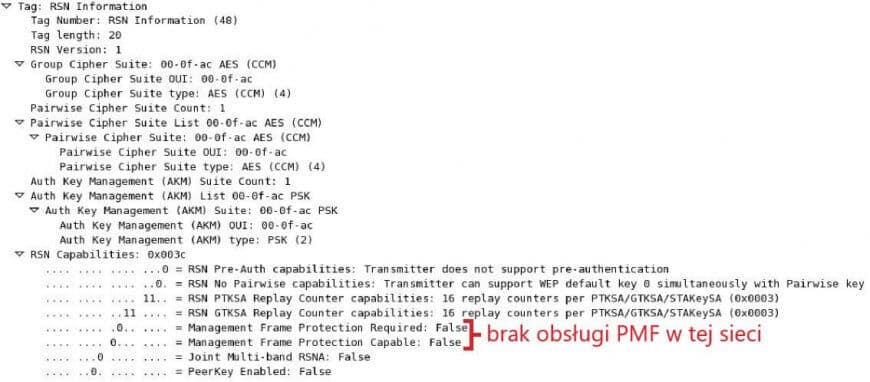 Ramka beacon informująca o braku obsługi PMF w tej sieci