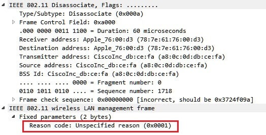 Ramka Disassociate bez użycia PMF, źródło: wirelessccie.blogspot.com