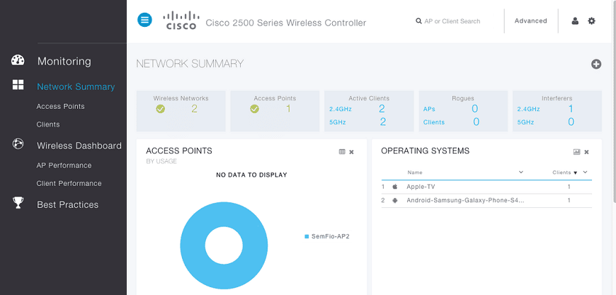 Prosty i przyjemny dla oka GUI kontrolera Cisco 2500, źródło: cisco.com