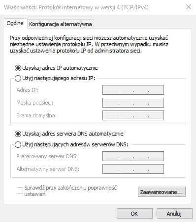 Konfiguracja na automatyczne uzyskanie adresów.