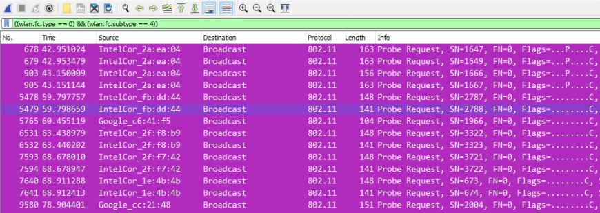 Ramki Probe Request widoczne w programie Wireshark