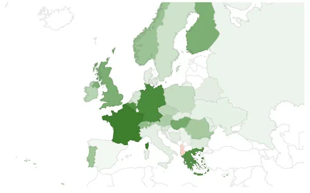 Wykres światowej adopcji IPv6 na mapie Europy, im ciemniejszy kolor tym większa adopcja w danym kraju