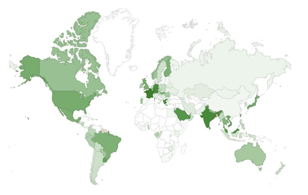 Wykres światowej adopcji IPv6 na mapie świata, im ciemniejszy kolor tym większa adopcja w danym kraju